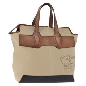 Berluti Calligraphy Tote Bag Canvas Leather Beige Silver Auth bs29891